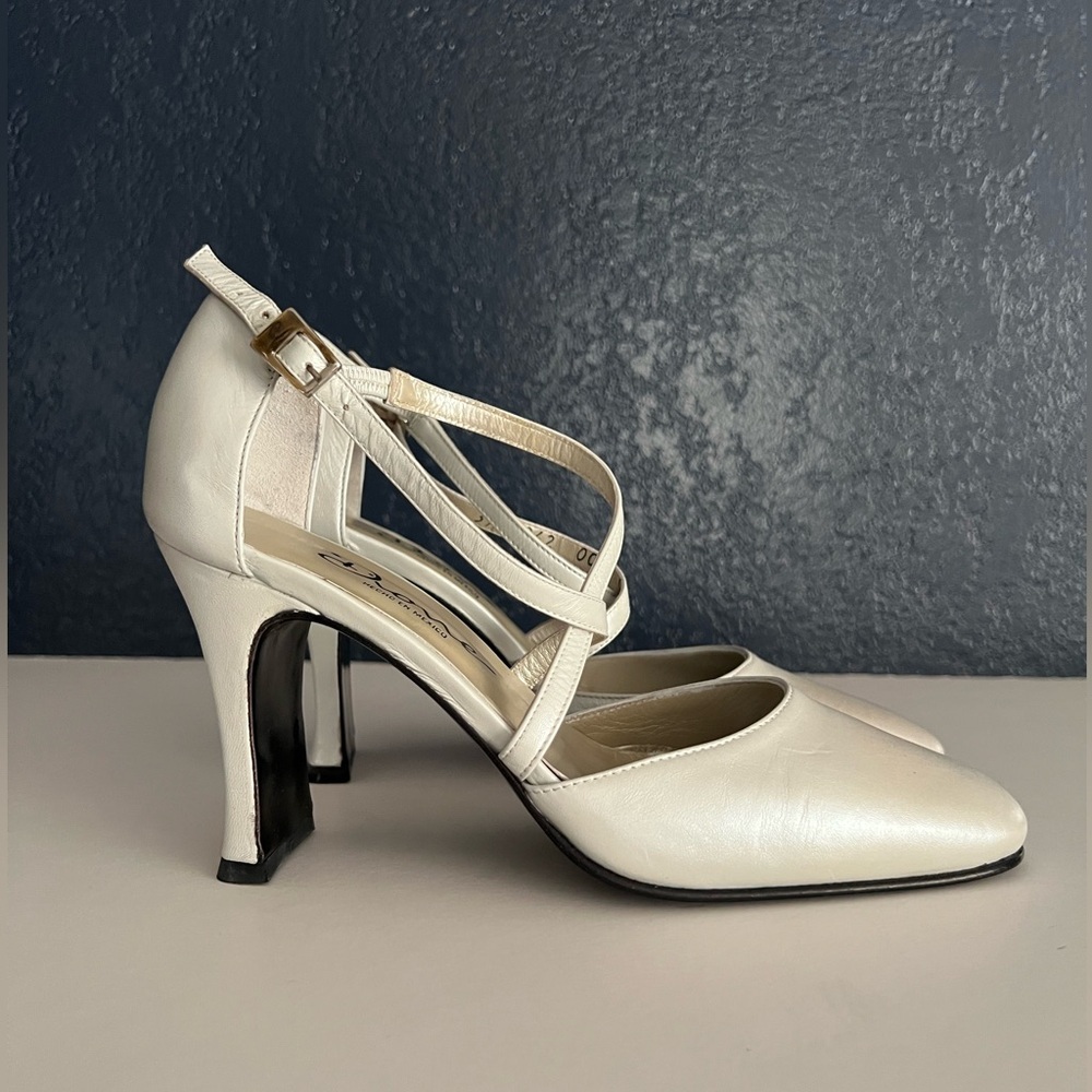 Vintage Dione Zapatos Metallic Gray Leather Crossed Ankle Strap Heels